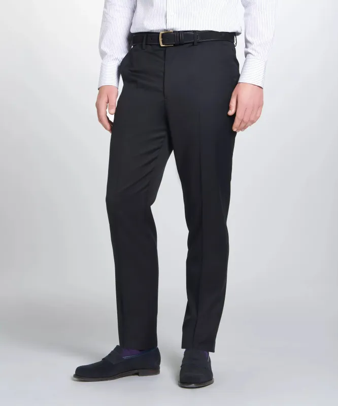 Black Unfinished Tailored Fit Plain Merino Wool Flat Front Pants sold by Thomas Pink