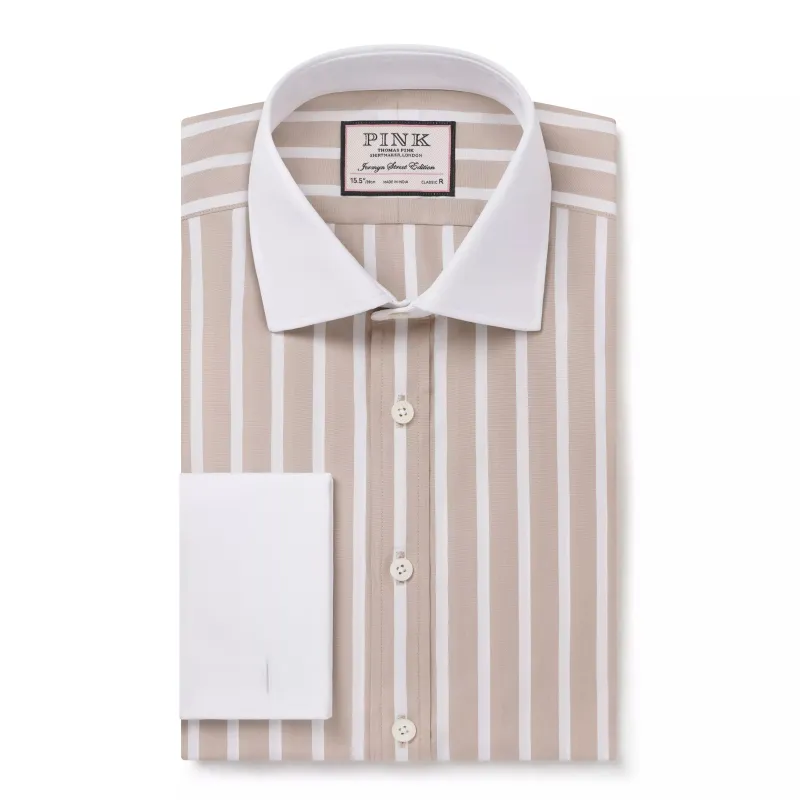 Beige & White Classic Fit French Cuff Butcher Stripe Dress Shirt sold by Thomas Pink