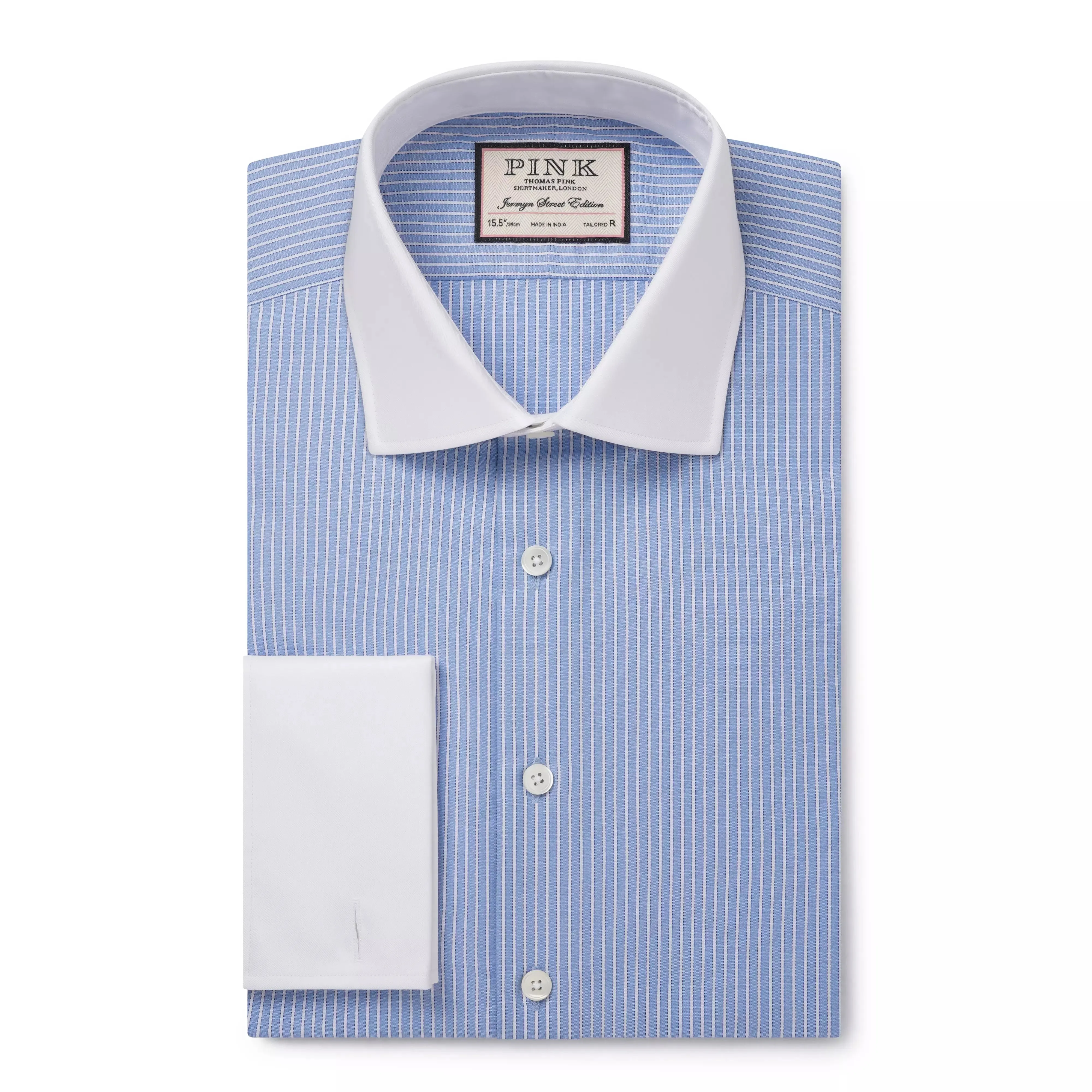Pale Blue & White Tailored Fit French Cuff Dandy Stripe Dress Shirt sold by Thomas Pink