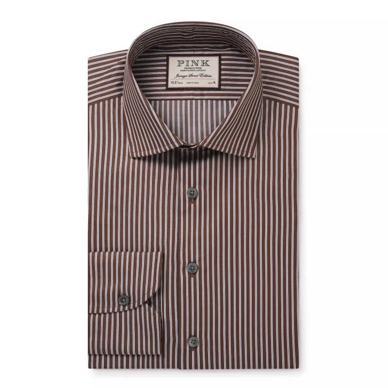 Brown & White Slim Fit Twin Stripe Dress Shirt sold by Thomas Pink