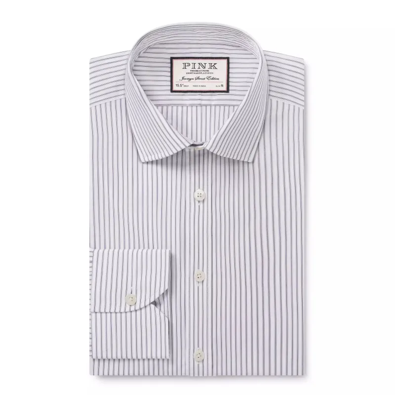 Pale Grey & White Slim Fit Tram Stripe Dress Shirt sold by Thomas Pink