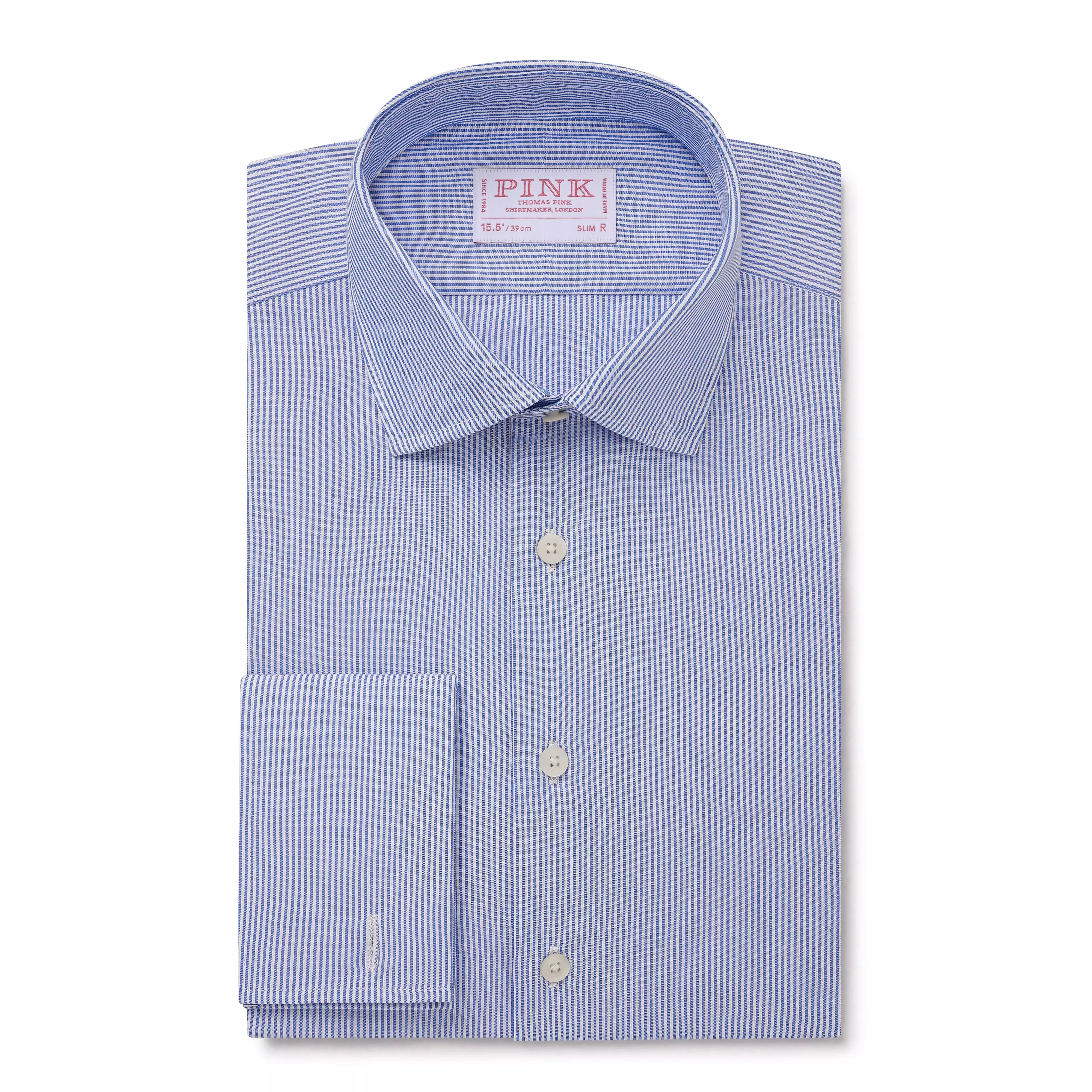 Blue & White Slim Fit French Cuff Panama Thin Stripe Dress Shirt sold by Thomas Pink