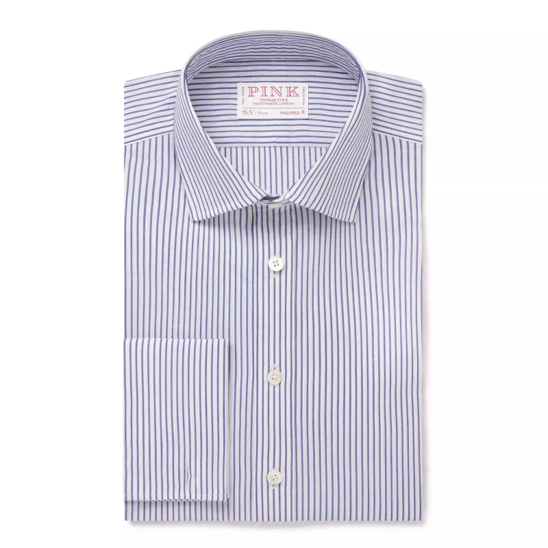 Deep Blue & White Tailored Fit French Cuff Panama Medium Stripe Dress Shirt sold by Thomas Pink
