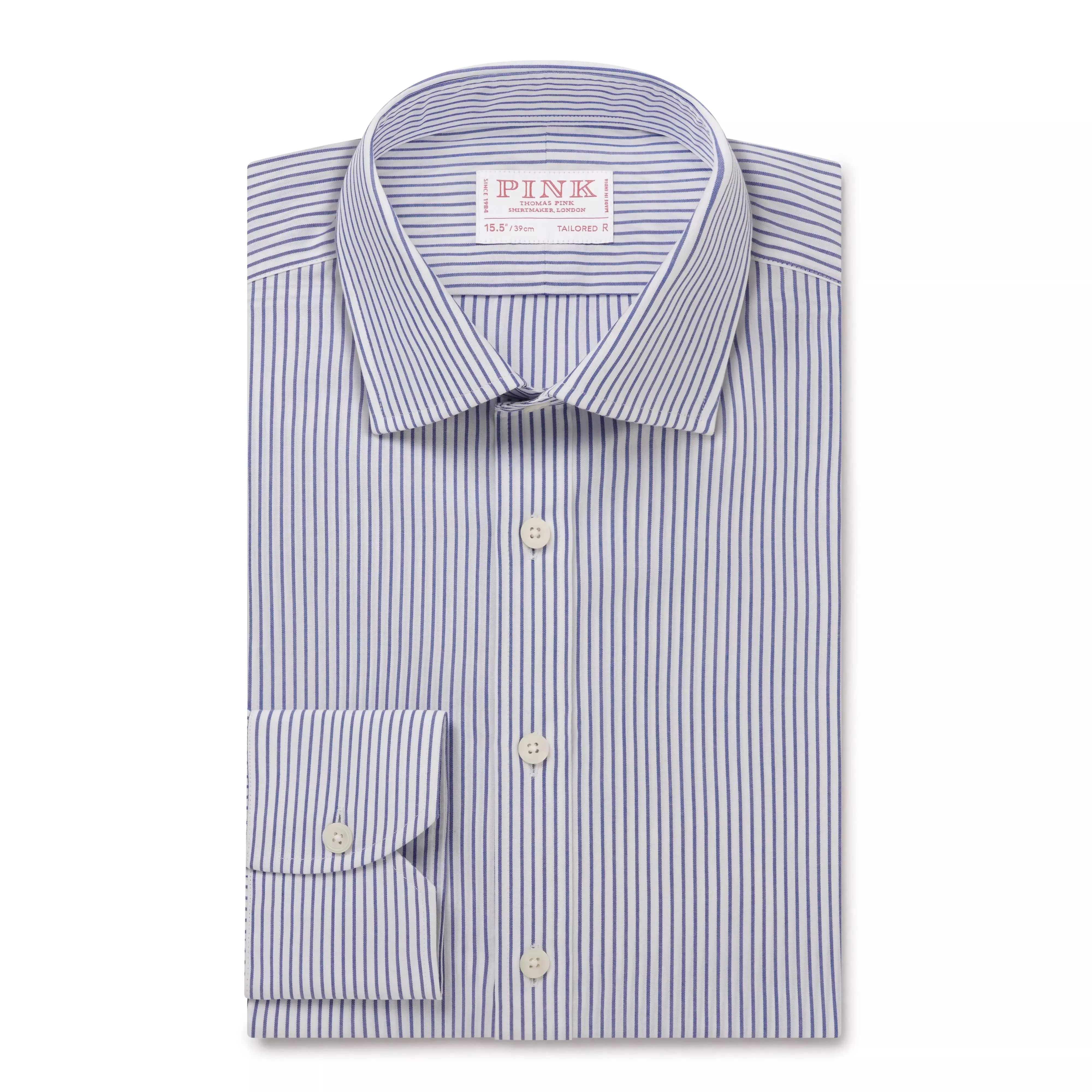 Deep Blue & White Tailored Fit Panama Medium Stripe Dress Shirt sold by Thomas Pink