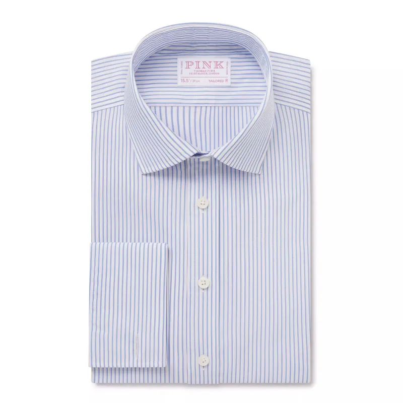 Blue & White Tailored Fit French Cuff Panama Medium Stripe Dress Shirt sold by Thomas Pink