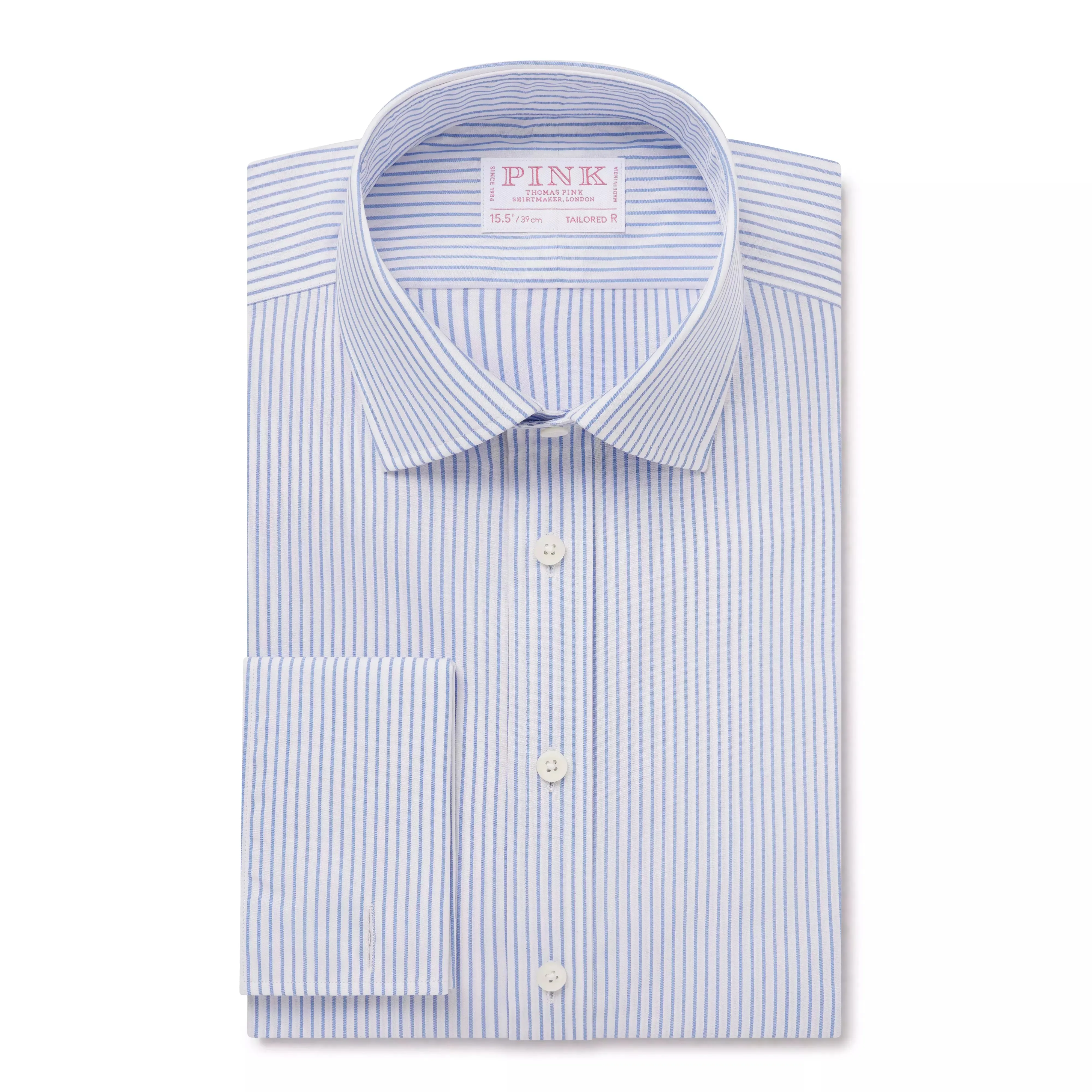 Blue & White Tailored Fit French Cuff Panama Medium Stripe Dress Shirt sold by Thomas Pink