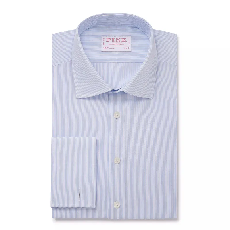 Sapphire Blue & White Slim Fit French Cuff Panama Thin Stripe Dress Shirt sold by Thomas Pink