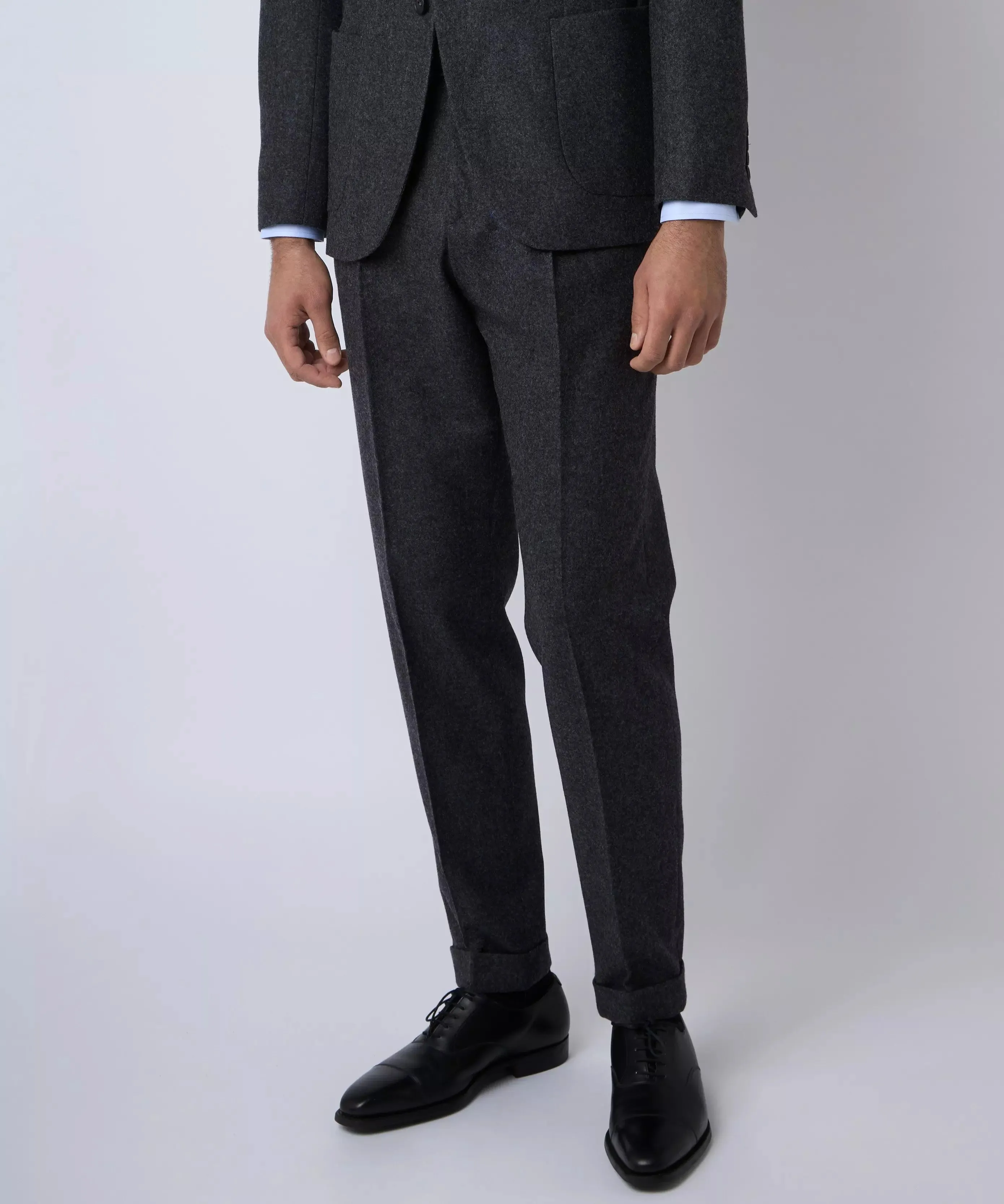 Charcoal Gray Tailored Fit Melange Merino Wool Pleated Pants sold by Thomas Pink