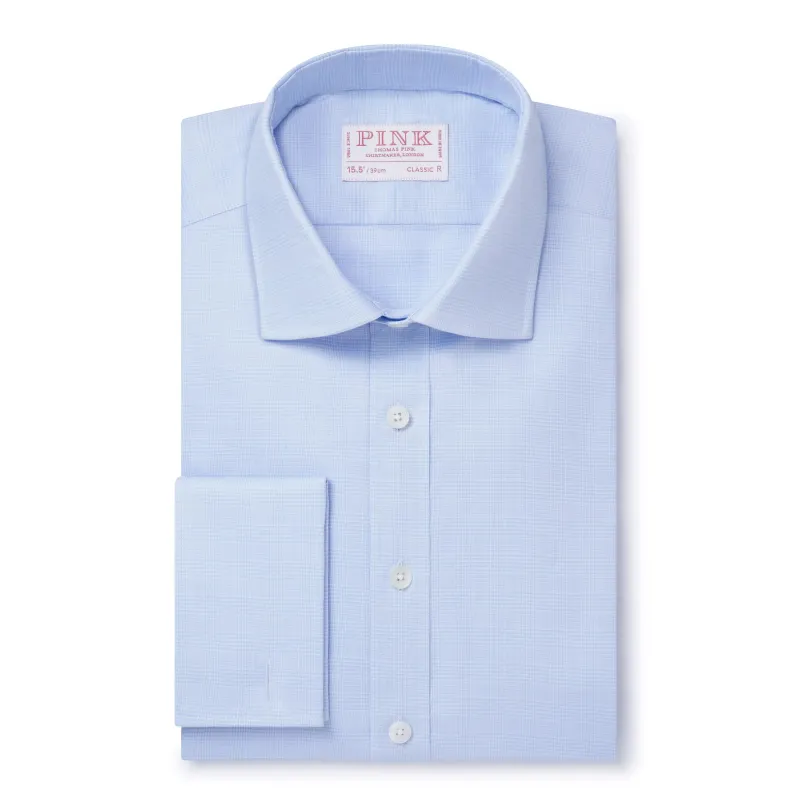Pale Blue & White Classic Fit French Cuff Prince of Wales Check Dress Shirt sold by Thomas Pink