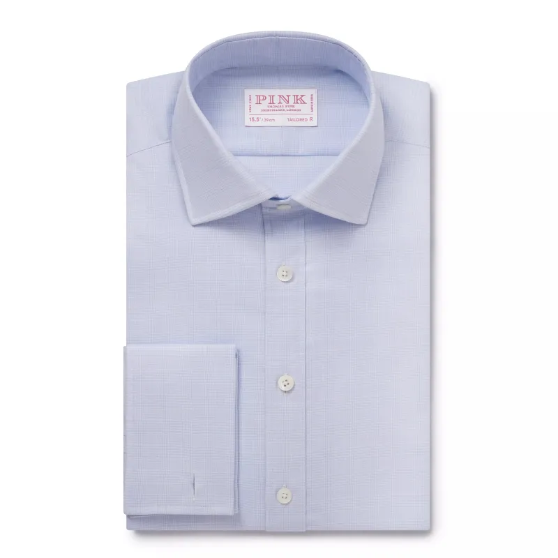 Pale Blue & White Tailored Fit French Cuff Prince of Wales Check Dress Shirt made by Thomas Pink