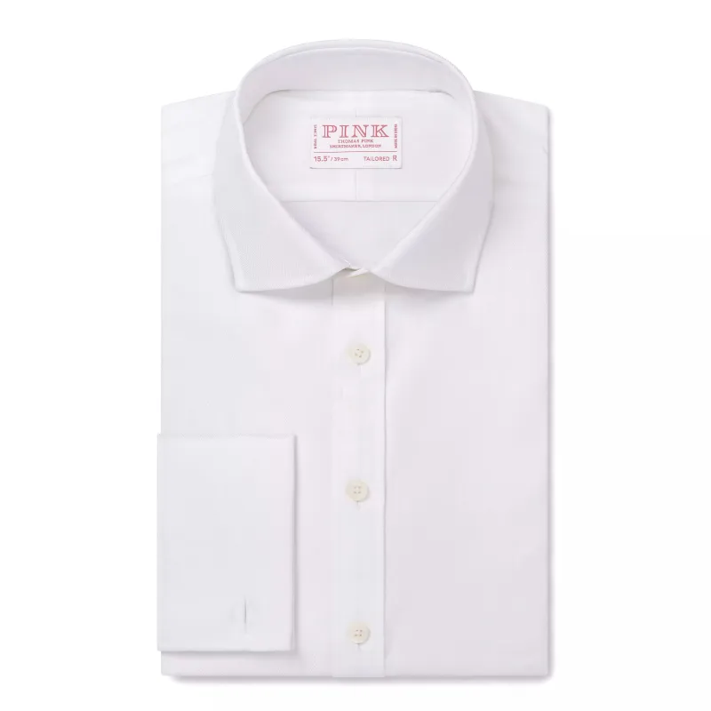 White Tailored Fit French Cuff Twill Herringbone Dress Shirt made by Thomas Pink