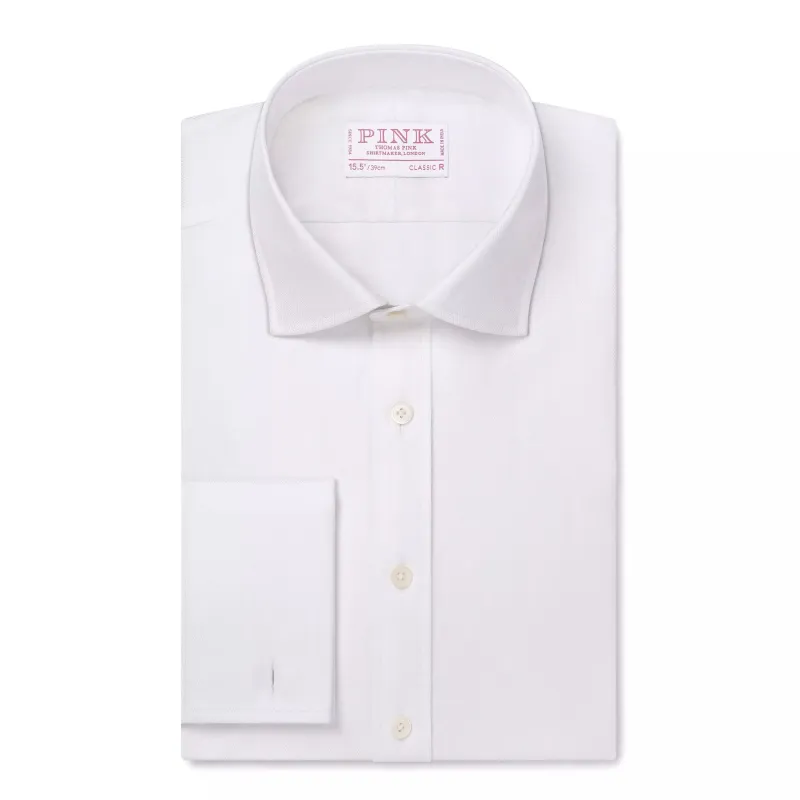 White Classic Fit French Cuff Twill Herringbone Dress Shirt made by Thomas Pink