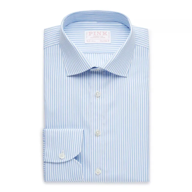 Pale Blue & White Tailored Fit Poplin Bengal Stripe Dress Shirt sold by Thomas Pink