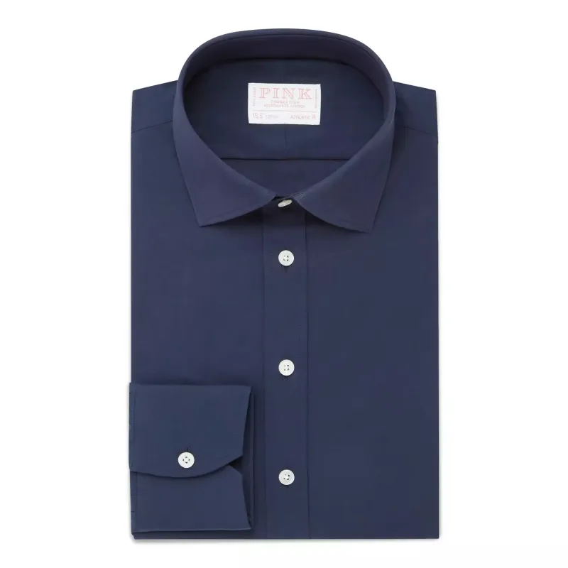 Navy Blue Athletic Fit Stretch Plain Poplin Dress Shirt sold by Thomas Pink