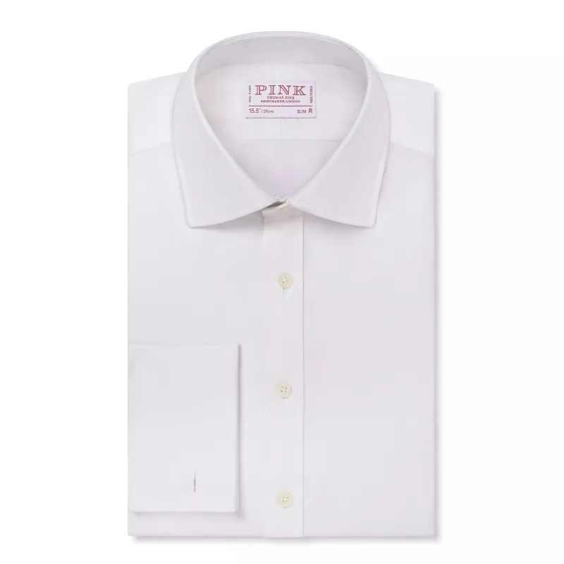 White Slim Fit French Cuff Twill Herringbone Dress Shirt sold by Thomas Pink