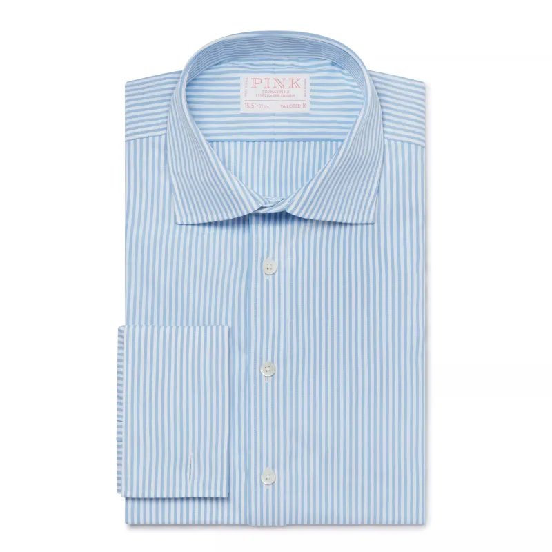 Pale Blue & White Tailored Fit French Cuff Poplin Bengal Stripe Dress Shirt sold by Thomas Pink