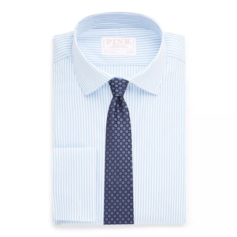 Pale Blue & White Slim Fit French Cuff Core Poplin Bengal Stripe Dress Shirt sold by Thomas Pink