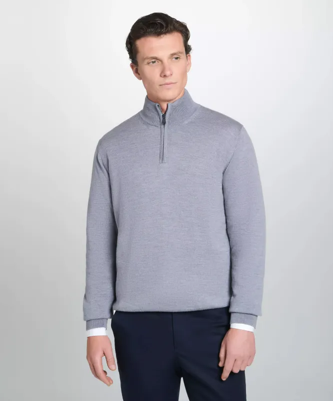 Pale Grey Merino Wool Zip Neck Sweater sold by Thomas Pink