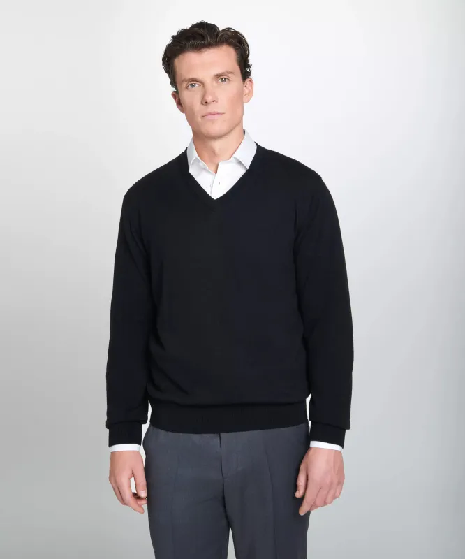 Black Merino Wool V-Neck Sweater sold by Thomas Pink