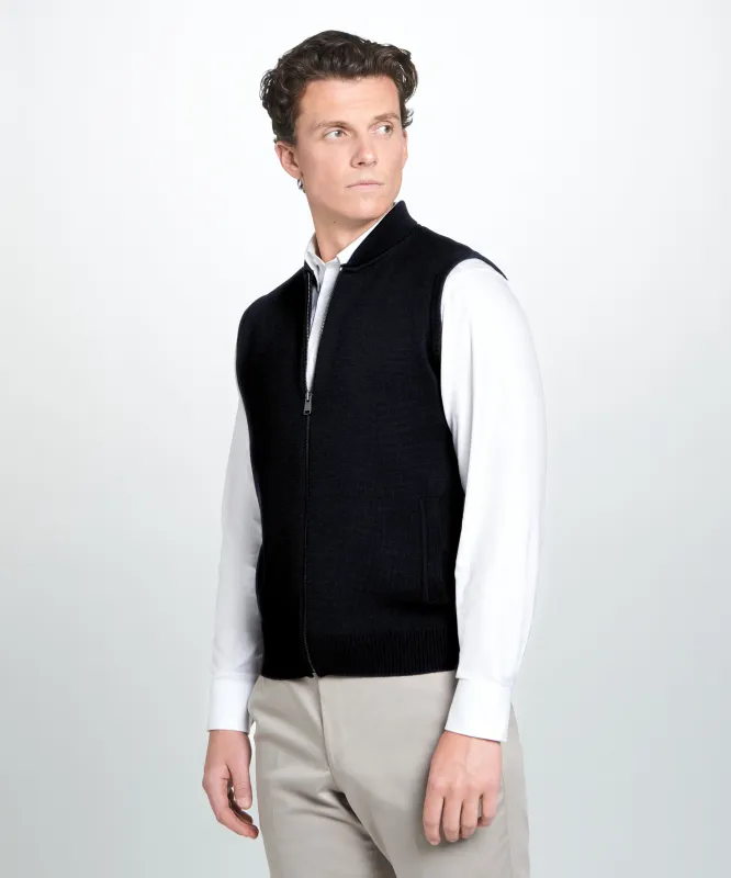 Black Knitted Merino Wool Zipper Vest sold by Thomas Pink