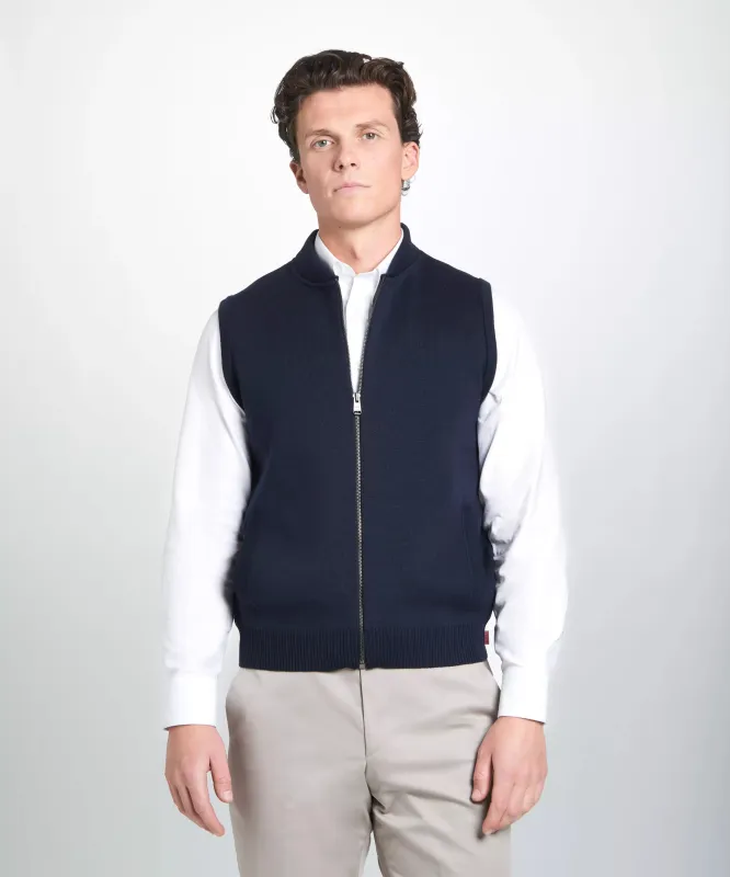 Navy Blue Knitted Merino Wool Zipper Vest sold by Thomas Pink
