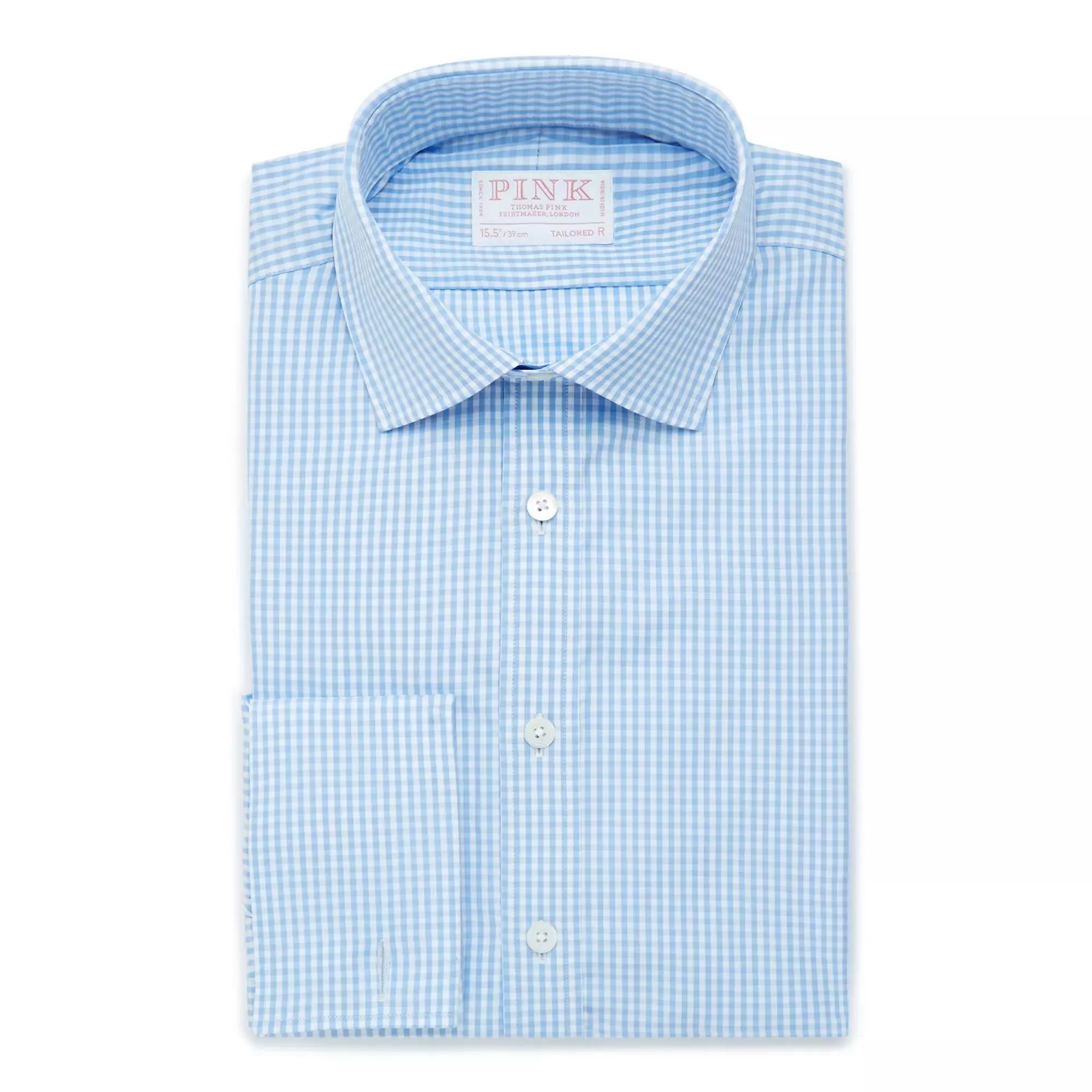 Pale Blue & White Tailored Fit Double Cuff Essential Gingham Formal Shirt sold by Thomas Pink