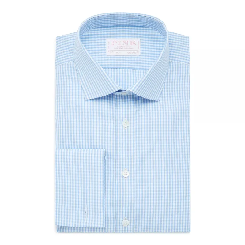 Pale Blue & White Classic Fit Double Cuff Essential Gingham Formal Shirt sold by Thomas Pink