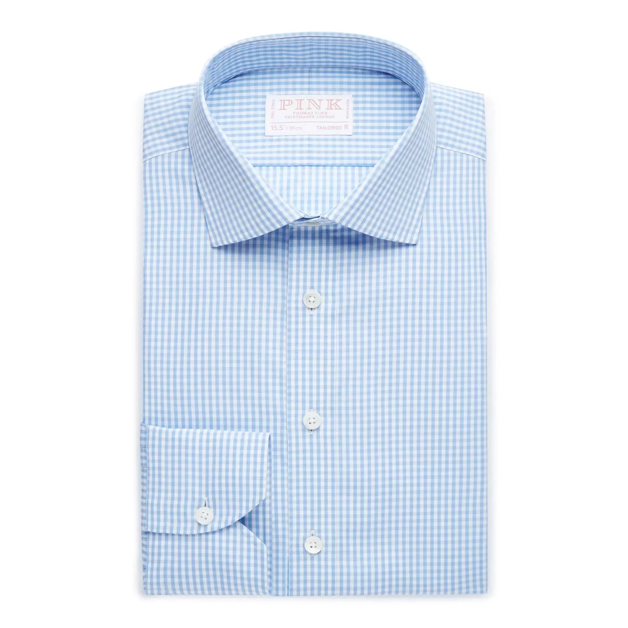 Pale Blue & White Tailored Fit Essential Gingham Formal Shirt sold by Thomas Pink