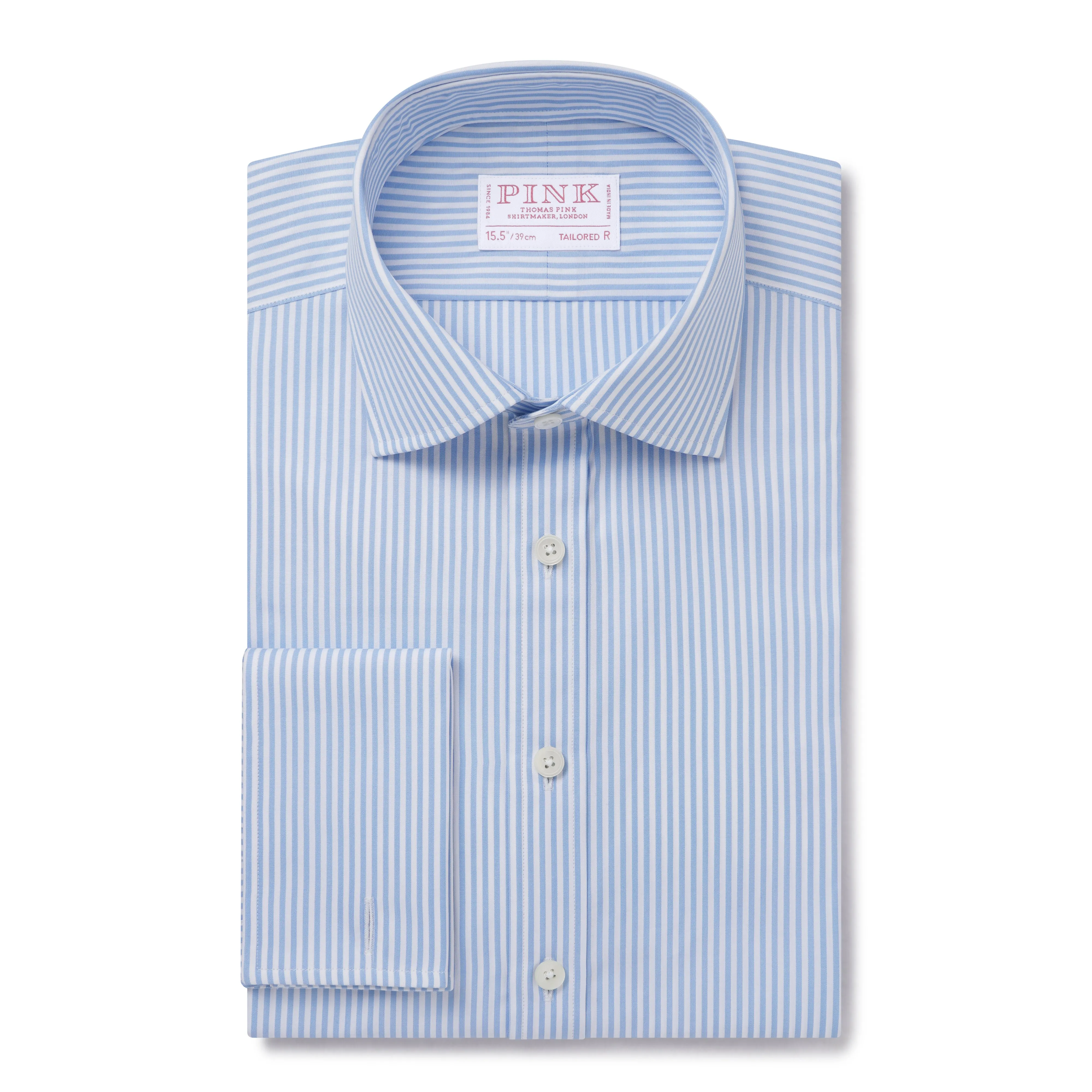 Pale Blue & White Tailored Fit Double Cuff Essential Bengal Stripe Formal Shirt sold by Thomas Pink