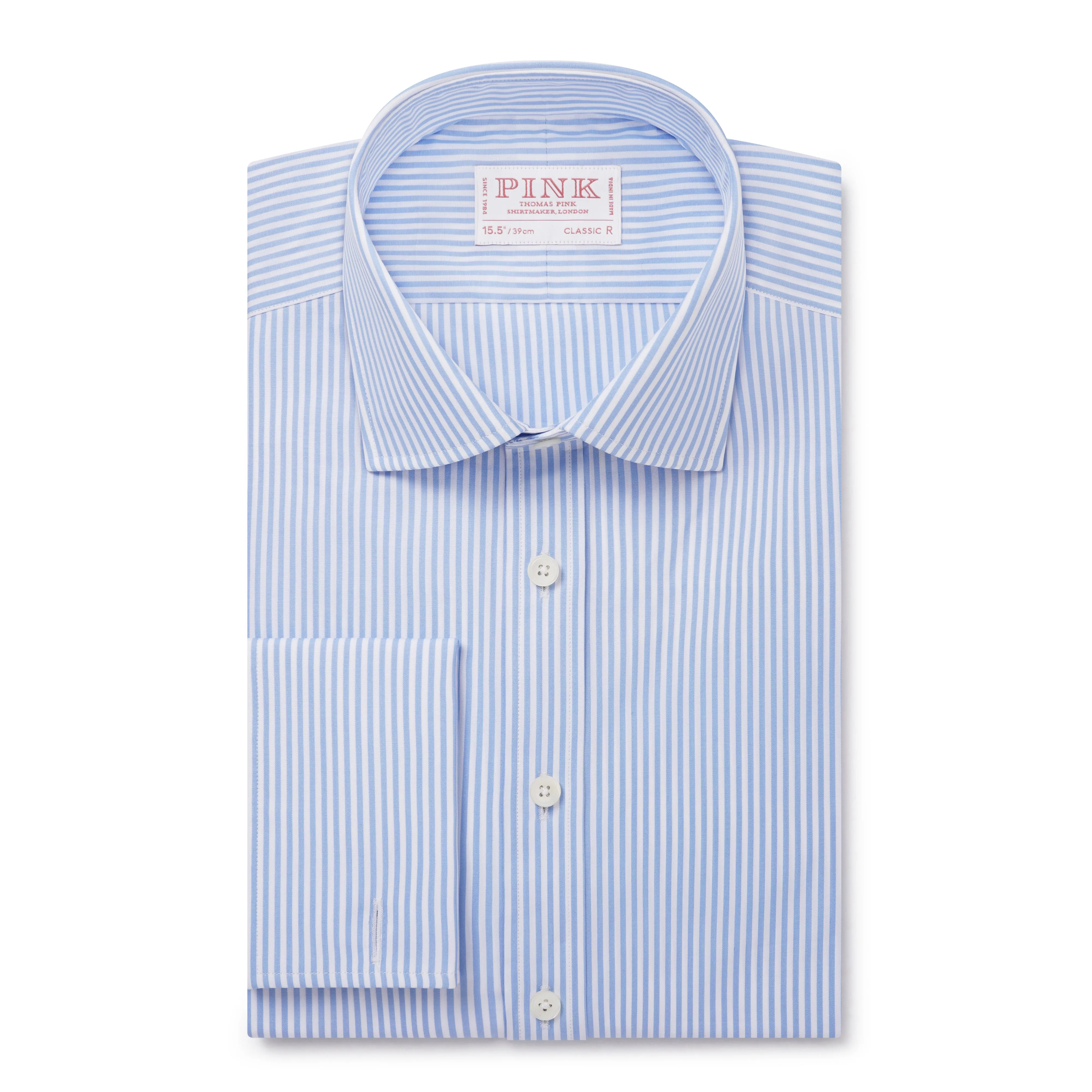 Pale Blue & White Classic Fit Double Cuff Essential Bengal Stripe Formal Shirt sold by Thomas Pink
