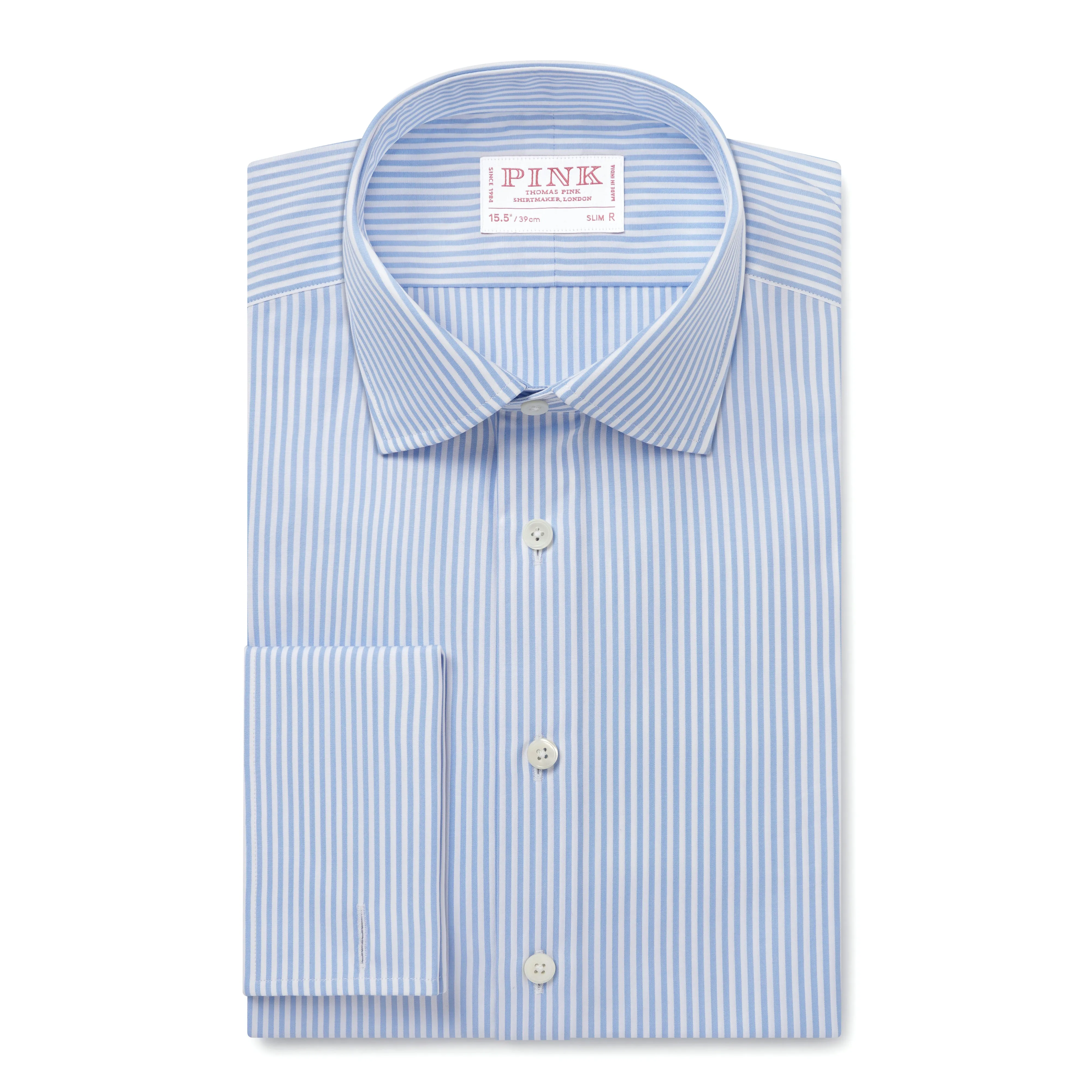 Pale Blue & White Slim Fit Double Cuff Essential Bengal Stripe Formal Shirt sold by Thomas Pink