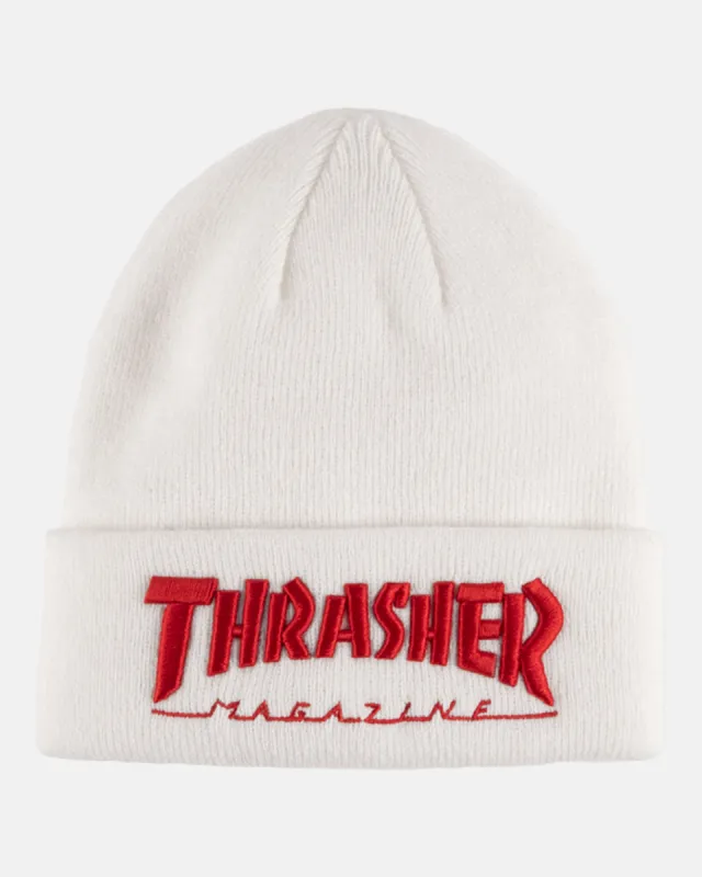 EMBROIDERED THRASHER - BEANIE - WHITE / RED sold by Thrasher