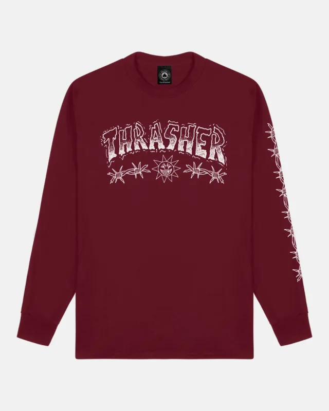 BARBED WIRE - LONGSLEEVE - MAROON made by Thrasher
