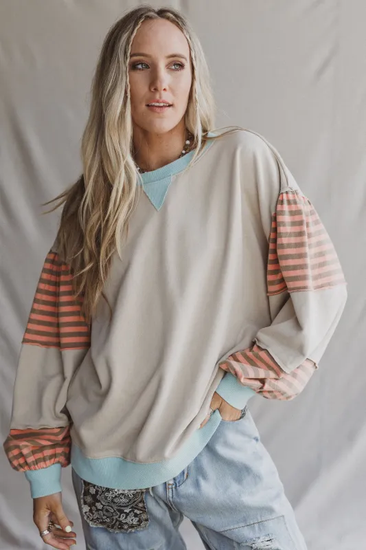 Awaken Joy Stripe Pattern Pullover - Khaki made by easel