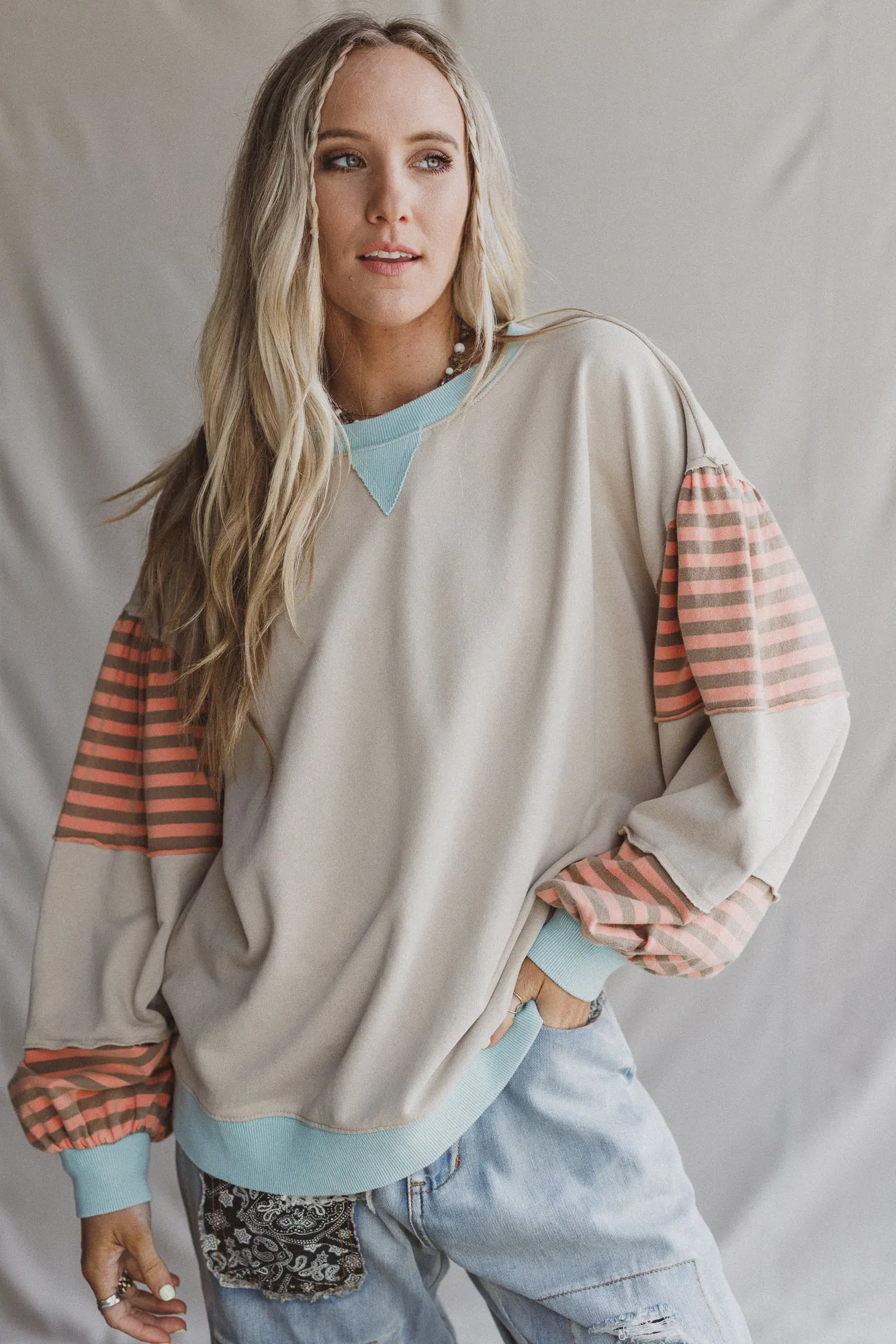 Awaken Joy Stripe Pattern Pullover - Khaki sold by Three Bird Nest