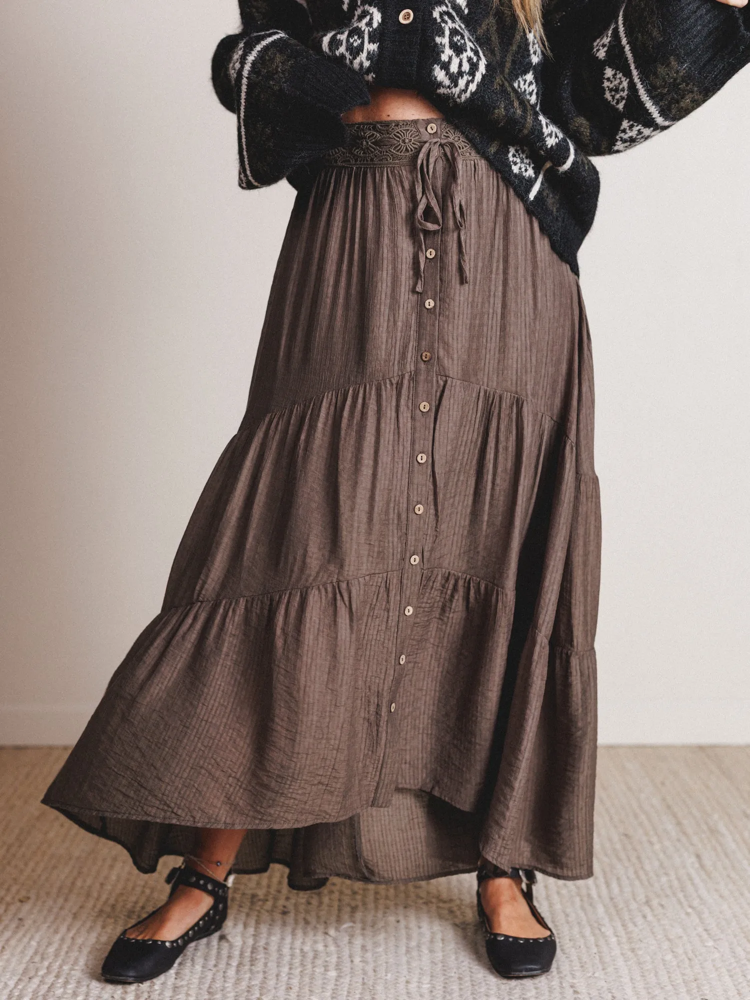 Meadow Maze Maxi Skirt - Olive sold by Three Bird Nest