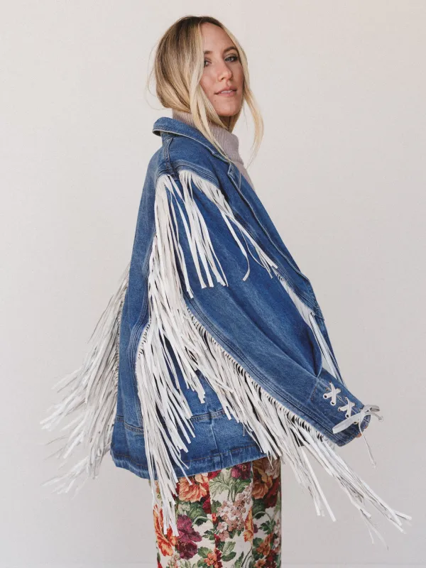 Statement Fringe Denim Jacket - Medium Wash sold by Three Bird Nest