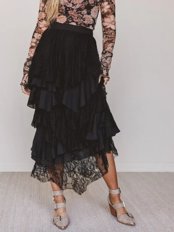 Quiet Getaway Lace Maxi Skirt - Black made by By Together