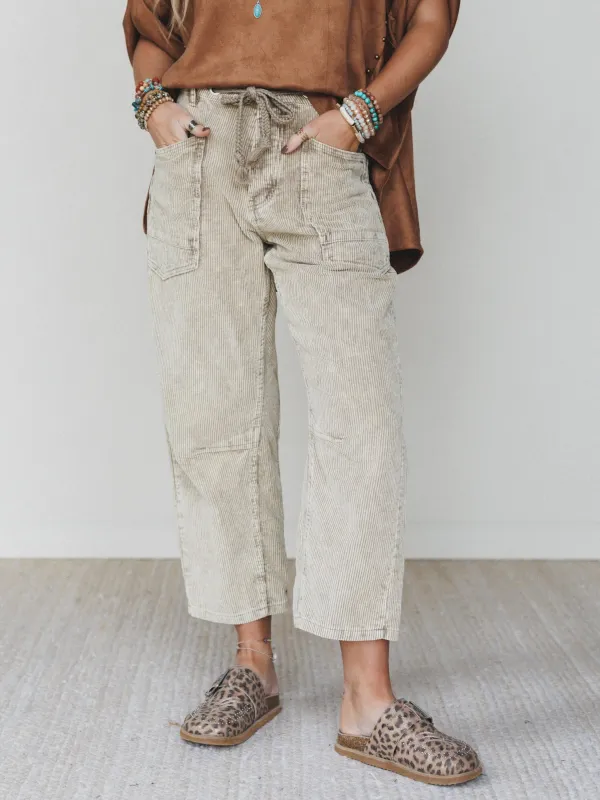 Fall Feeling Corduroy Barrel Pants - Olive Taupe sold by Three Bird Nest