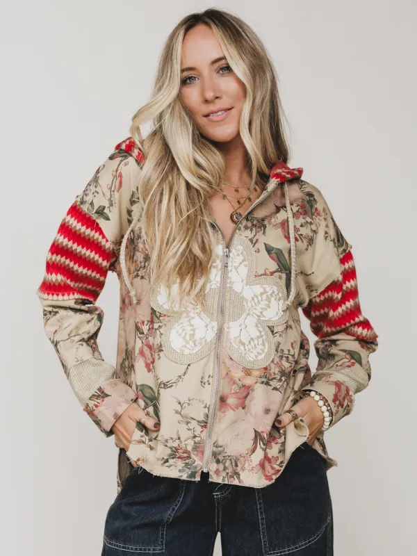 Petal Stitched Soul Zip Up Hoodie - Tan sold by Three Bird Nest