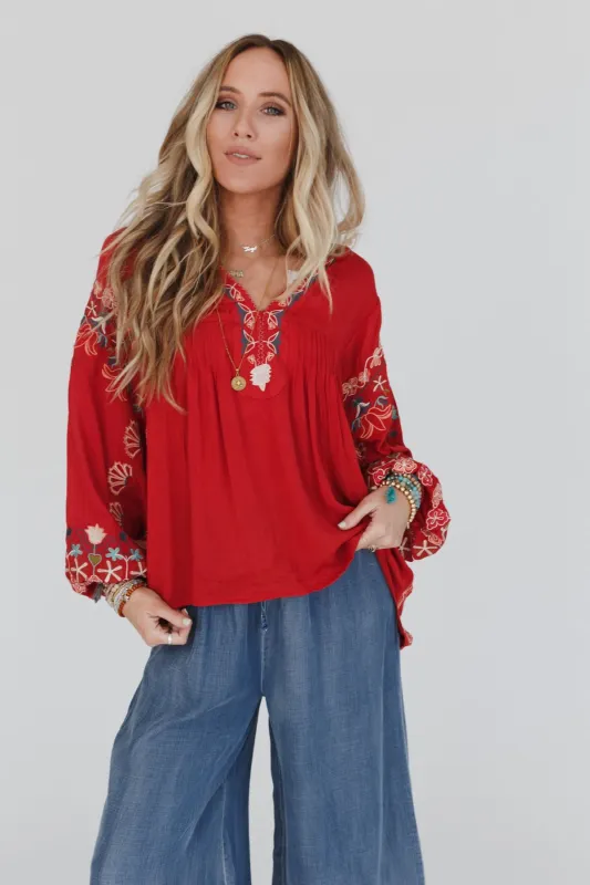 Frida Embroidered Dolman Sleeve Top - Red Orange sold by Three Bird Nest