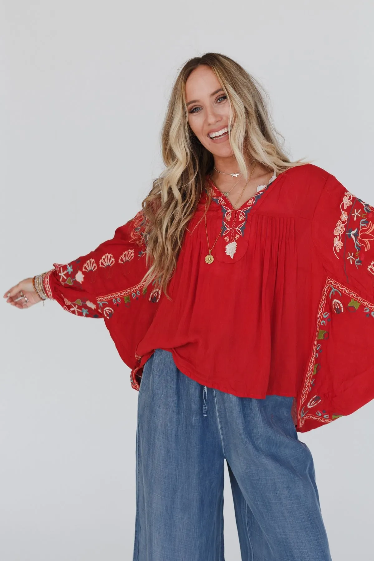 Frida Embroidered Dolman Sleeve Top - Red Orange sold by Three Bird Nest product image thumbnail 2