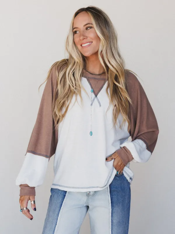The Nest Jules Contrast Pullover Top - Off White Mocha sold by Three Bird Nest