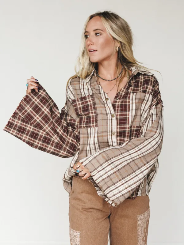 Plaid Flannel Bell Sleeve Top - Brown sold by Three Bird Nest