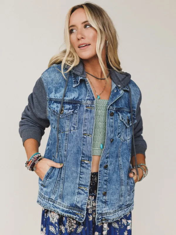 The Nest My Boyfriends Denim Jacket - Charcoal Medium Wash sold by Three Bird Nest