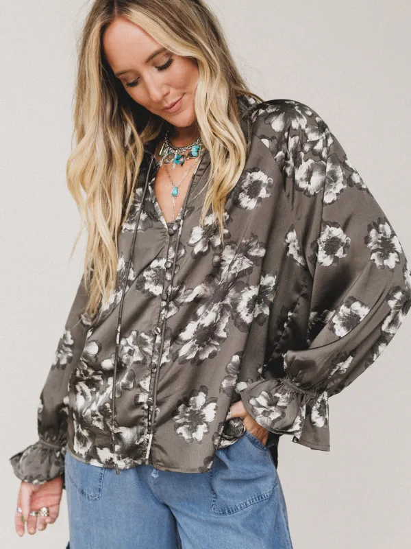 Noon Bloom Button Up Top - Gray sold by Three Bird Nest