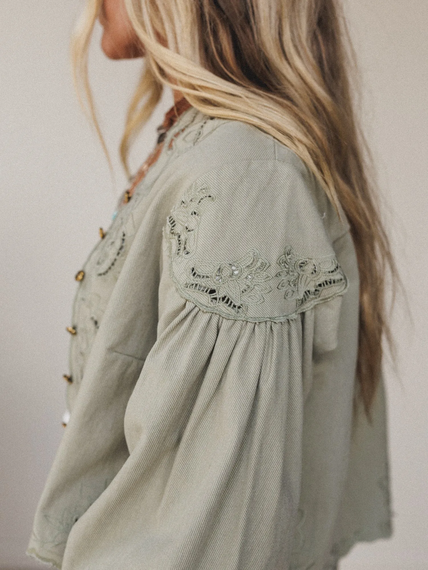 Extra Touch Embroidered Denim Jacket - Olive sold by Three Bird Nest product image thumbnail 4