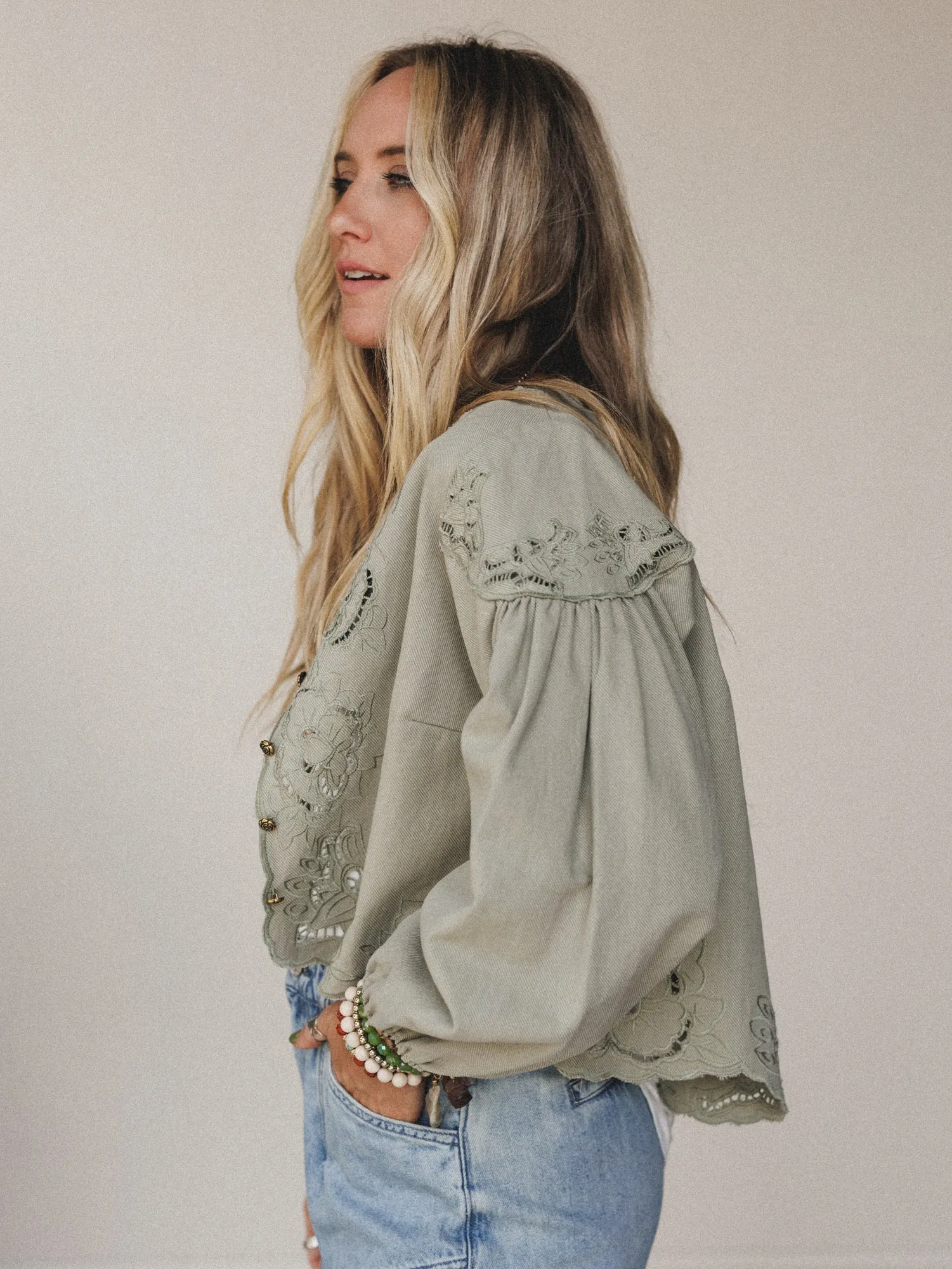 Extra Touch Embroidered Denim Jacket - Olive sold by Three Bird Nest product image thumbnail 3