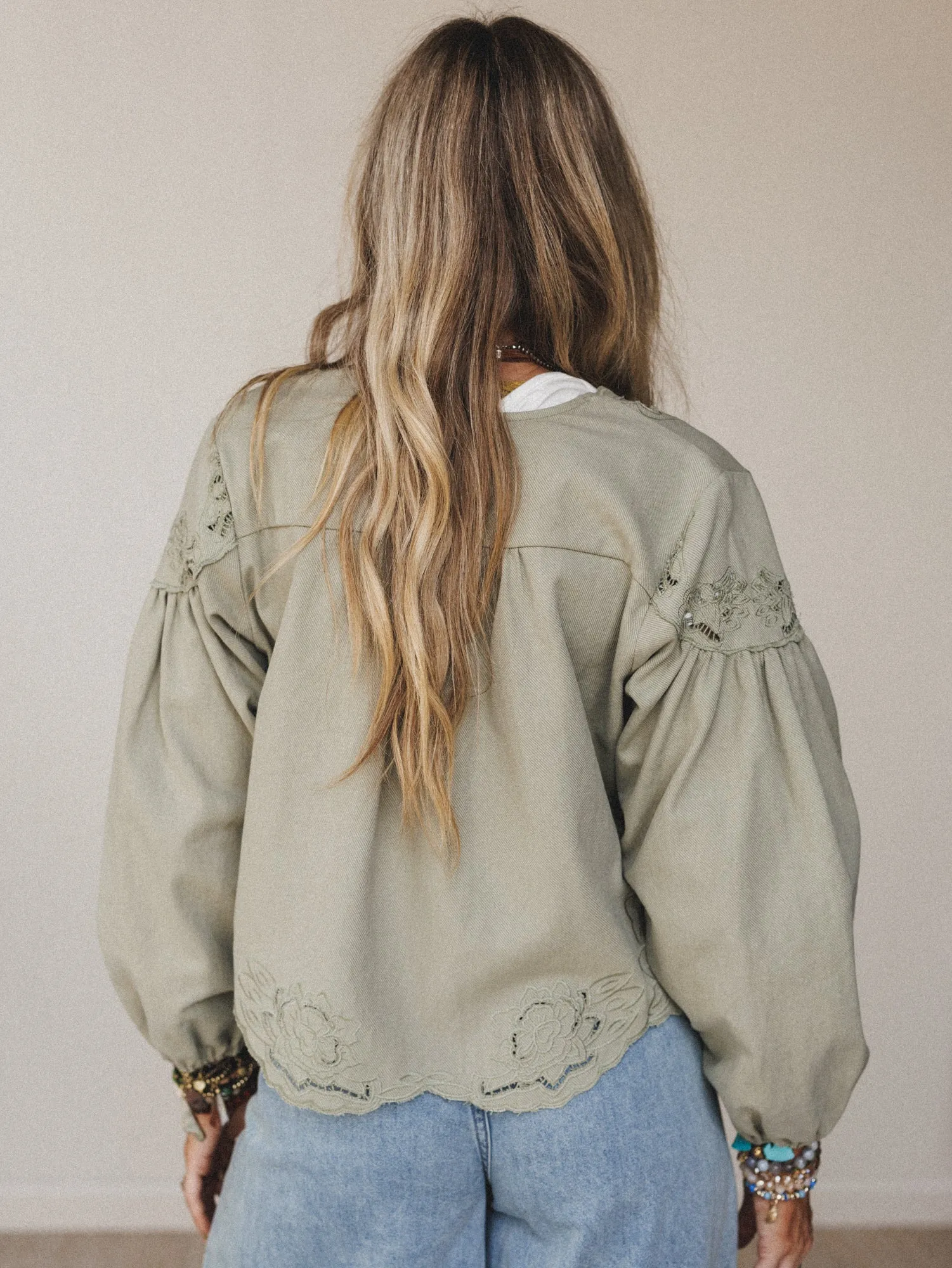 Extra Touch Embroidered Denim Jacket - Olive sold by Three Bird Nest product image thumbnail 5