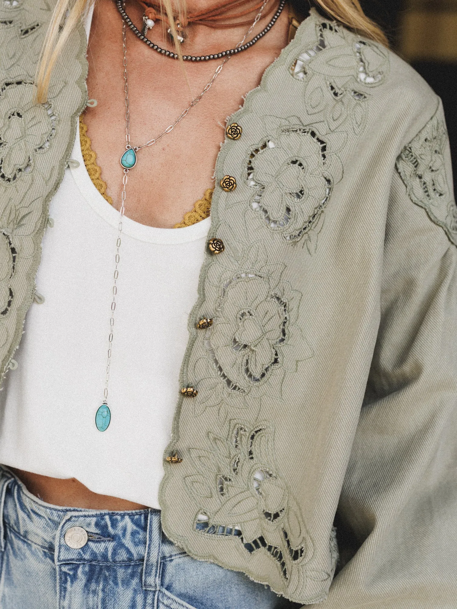 Extra Touch Embroidered Denim Jacket - Olive sold by Three Bird Nest product image thumbnail 2